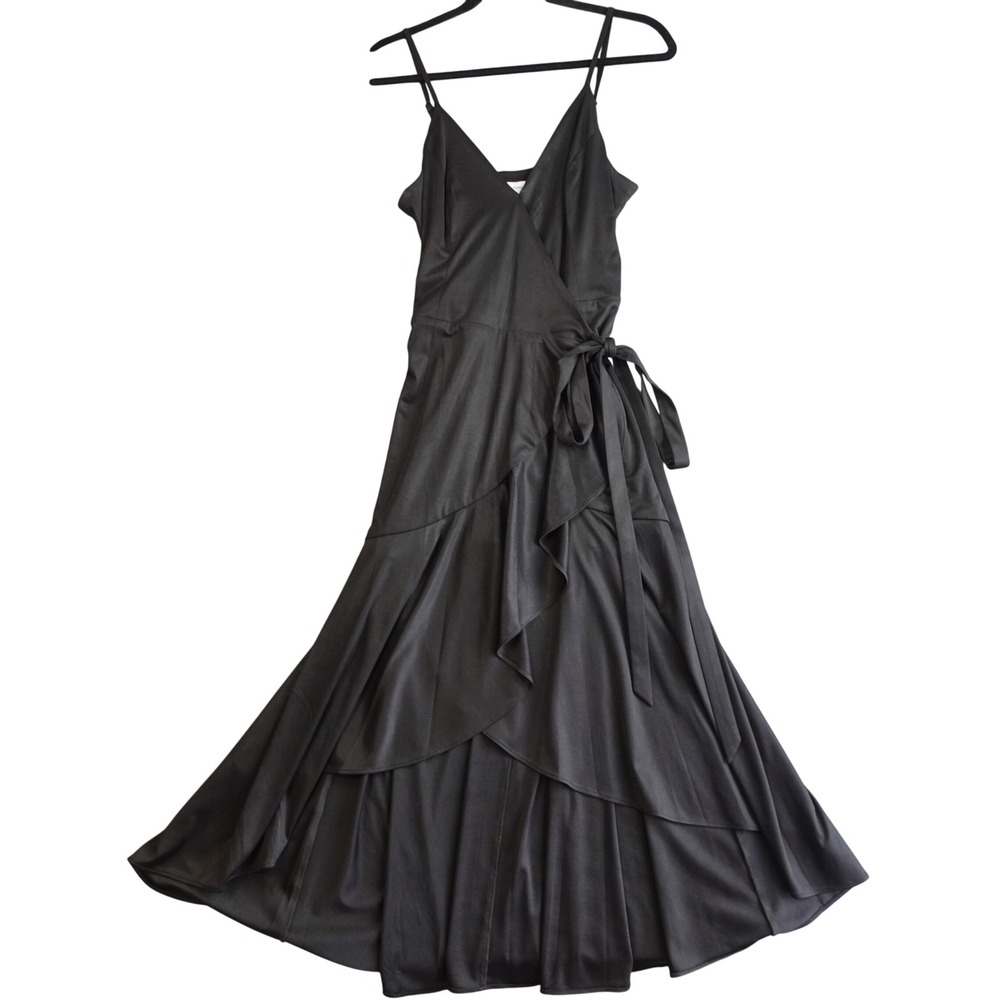 Dress The Population Salome Wrap Dress Small Black Shiny Asymmetric Ruffle Midi